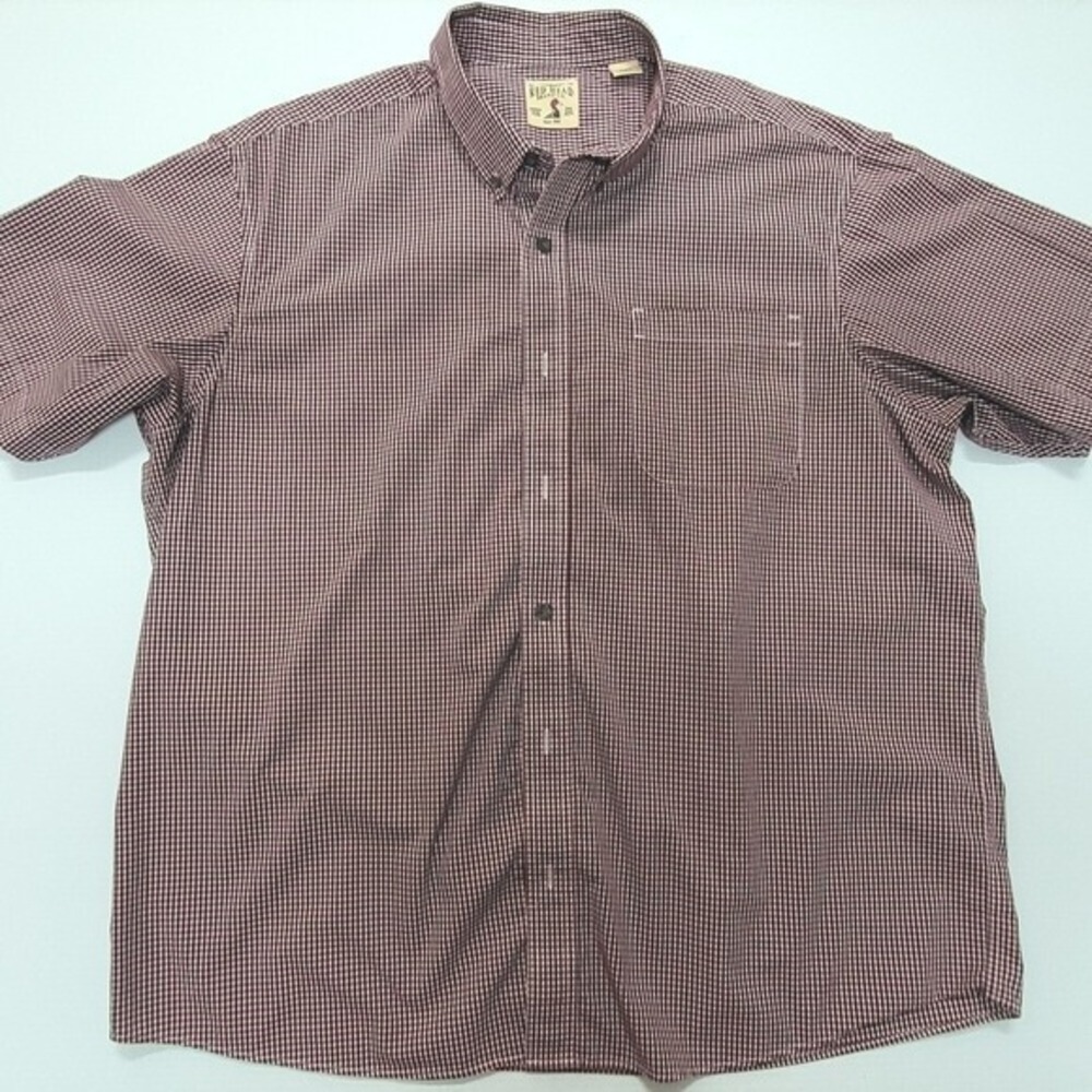 Red Head Bad Bear Gingham Check Button Up Short Sleeve Shirt Casual Maroon XL